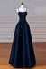 A line Navy Blue Satin Spaghetti Straps Sleeveless Prom Dress, Simple Evening Dress OM0440