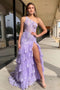 Sparkly Unique A line One Shoulder Lilac Tiered Long Prom Evening Dresses OM0398