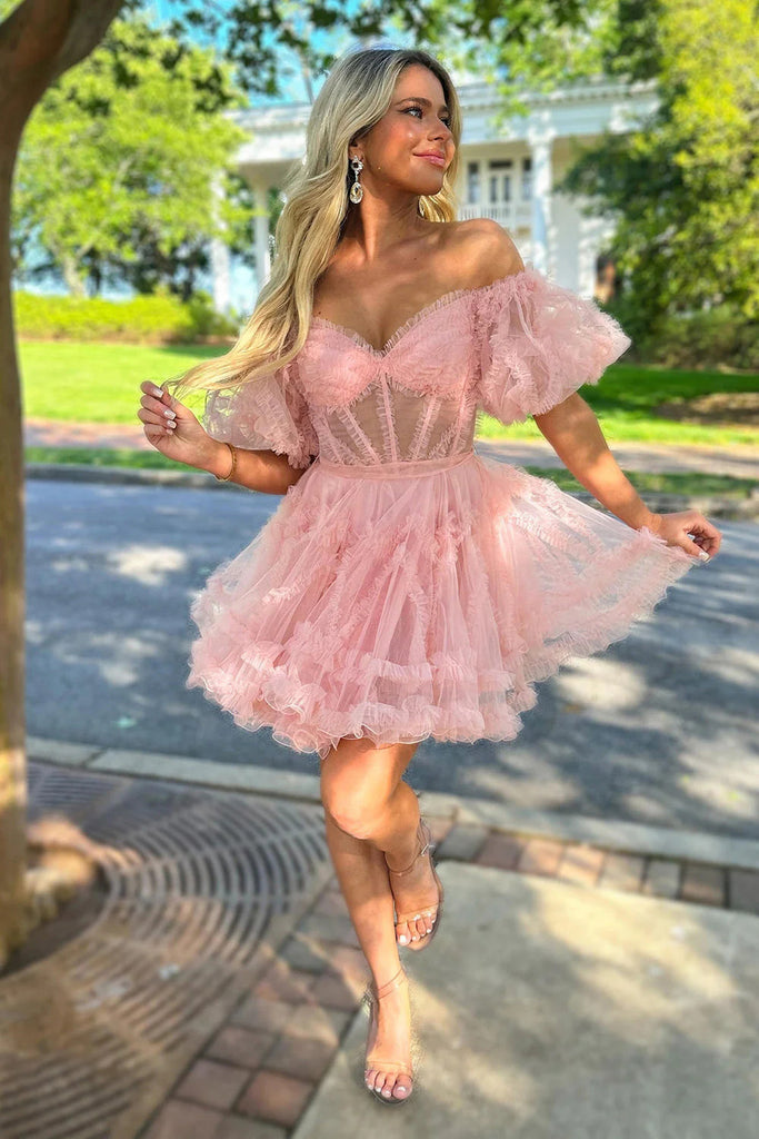 Light Pink A Line Off the Shoulder Corset Tulle Short Homecoming Dresses OMH0273