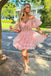 Light Pink A Line Off the Shoulder Corset Tulle Short Homecoming Dresses OMH0273