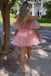Light Pink A Line Off the Shoulder Corset Tulle Short Homecoming Dresses OMH0273