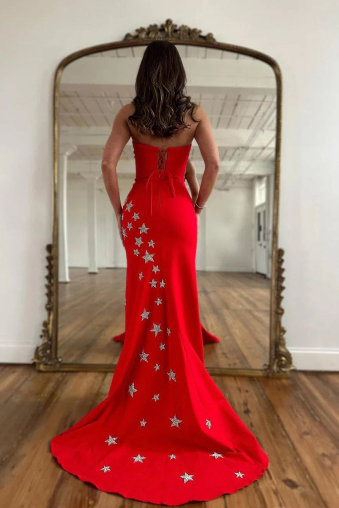 Simple Mermaid Red Strapless Sleeveless Sweep Train Prom Dresses With Stars OM0406