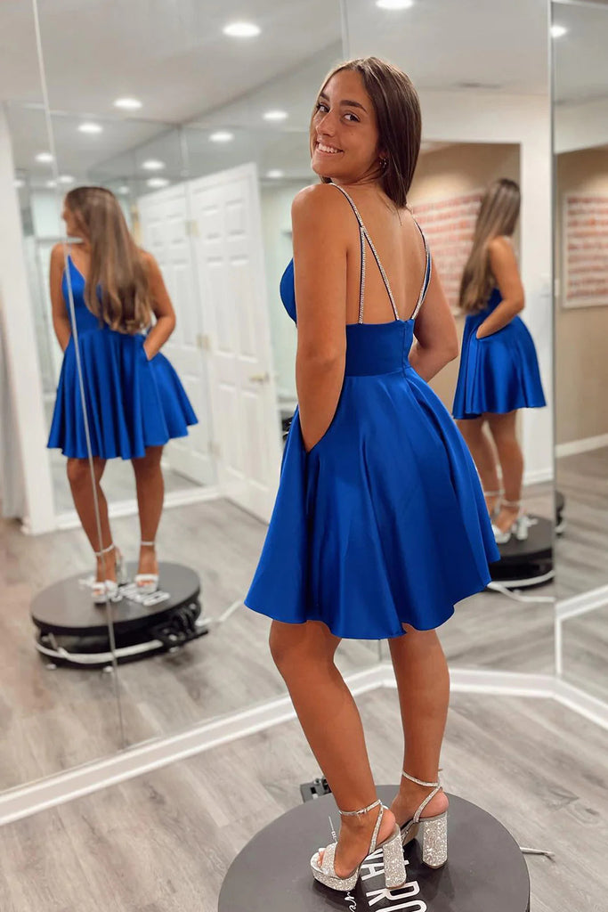 A Line Royal Blue Spaghetti Straps Satin Short Homecoming Dresses With Pockets OMH0272