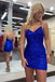 Sequins Blue Spaghetti Straps Tight Short Prom Dresses, V Neck Homecoming Dress OMH0260