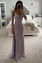 Sheath Spaghetti Straps V neck Sleeveless Prom Dresses With Slit, Long Formal Dress OM0438