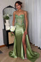 Sparkly Sheath Green Spaghetti Straps Corset Sequins Long Prom Dress With Slit OM0452