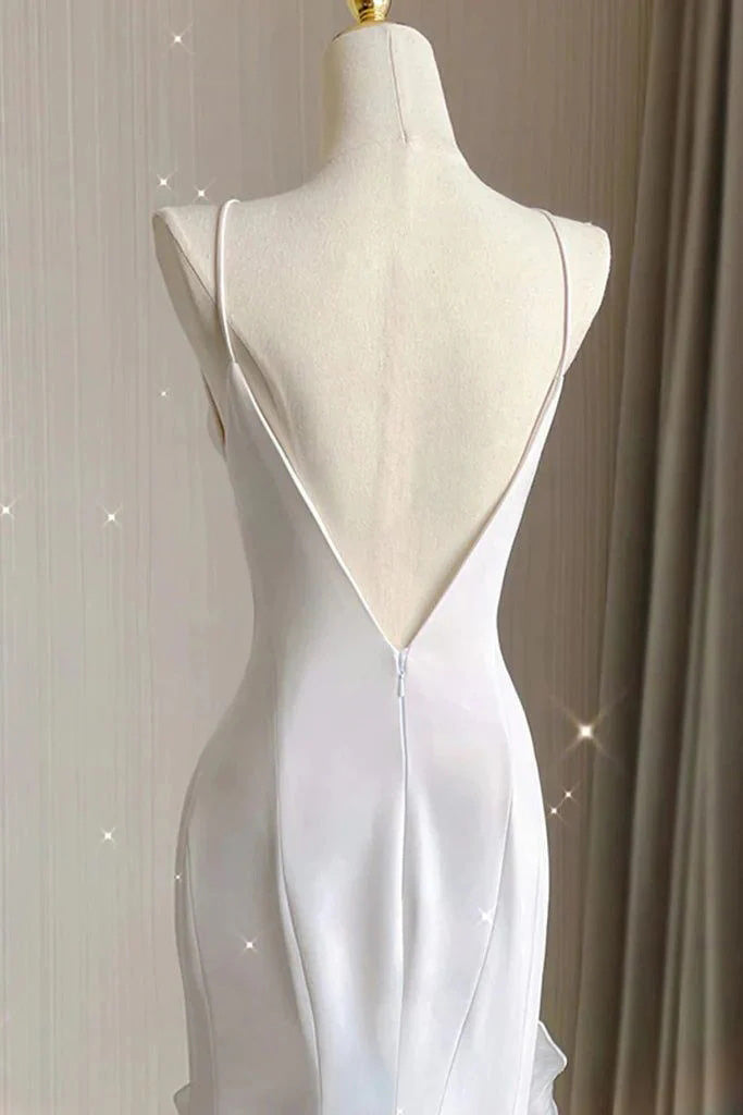 Simple Mermaid Ivory Prom Dress with Ruffles, Spaghetti Straps Backless Wedding Dress OW0153