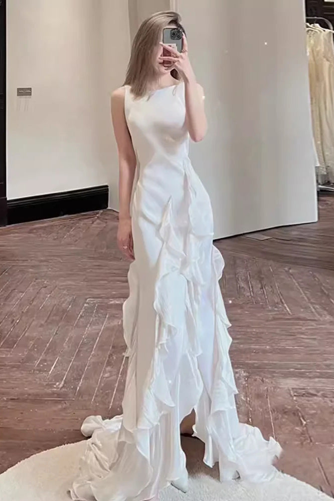 Simple Mermaid Ivory Prom Dress with Ruffles, Spaghetti Straps Backless Wedding Dress OW0153