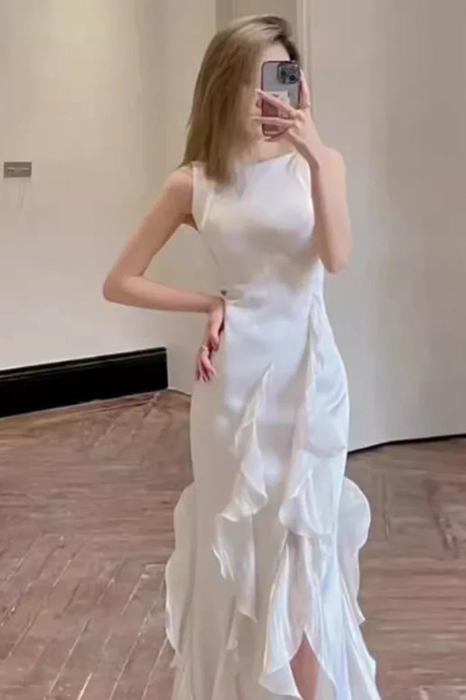 Simple Mermaid Ivory Prom Dress with Ruffles, Spaghetti Straps Backless Wedding Dress OW0153
