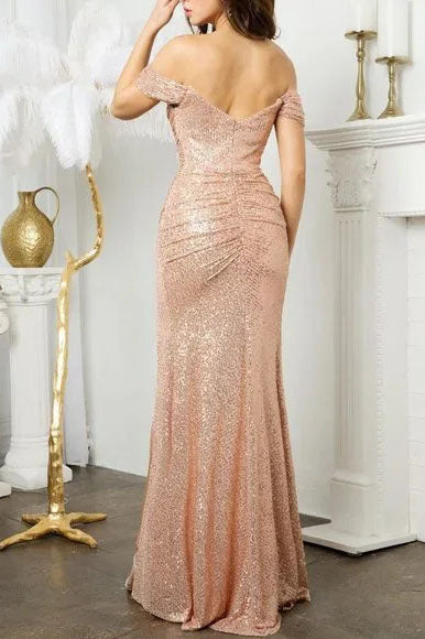 Sheath Silver Off the Shoulder V Neck Long Prom Dresses With Slit OM0420
