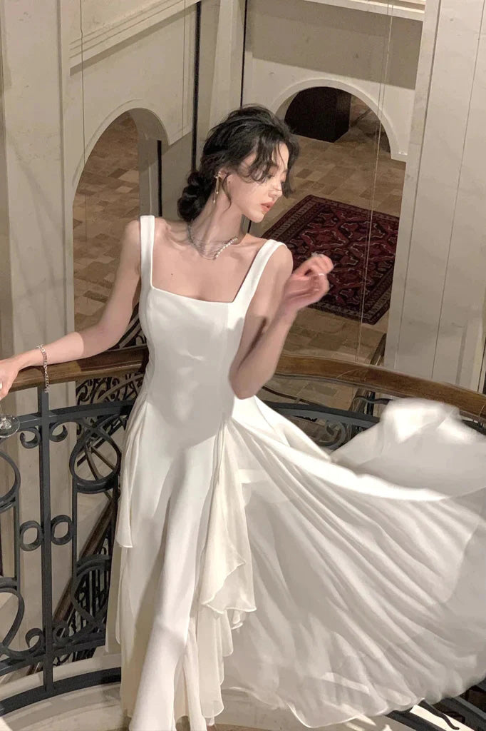 A Line Ivory Square Neck Prom Dresses, Ankle Length Elegant Evening Gowns OM0400