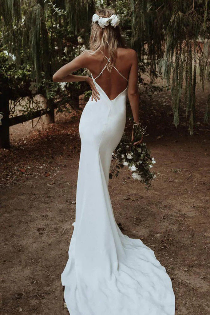 Simple Mermaid V neck Spaghetti Straps Criss Cross Long Ivory Beach Wedding Dress OW0148