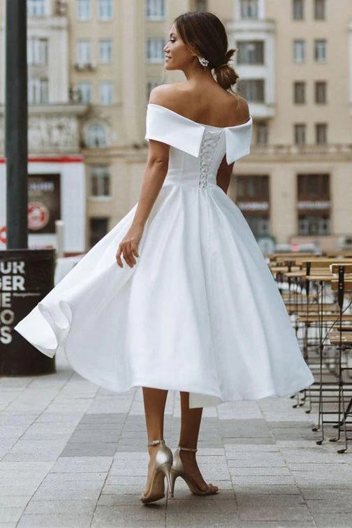Simple A Line Off the Shoulder Ivory Wedding Dress, Tea Length Satin Lace Up Bridal Dress OW0154