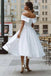 Simple A Line Off the Shoulder Ivory Wedding Dress, Tea Length Satin Lace Up Bridal Dress OW0154