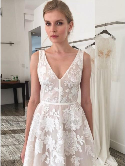 A-Line V-Neck Backless Sweep Train Ivory Wedding Dress with Appliques PDR20