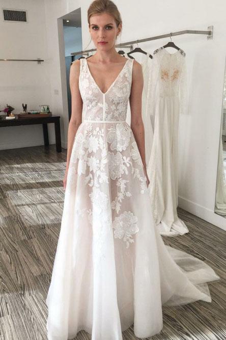 A-Line V-Neck Backless Sweep Train Ivory Wedding Dress with Appliques PDR20