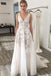 A-Line V-Neck Backless Sweep Train Ivory Wedding Dress with Appliques PDR20