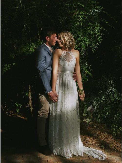 Charming A-Line Halter Backless Sweep Train White Lace Wedding Dress PDR40