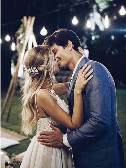 A-Line Spaghetti Straps Backless Sweep Train Boho Wedding Dress with Appliques PDR41