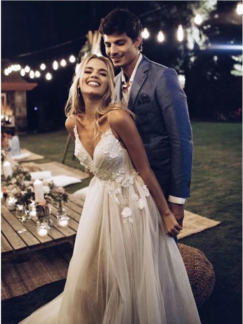 A-Line Spaghetti Straps Backless Sweep Train Boho Wedding Dress with Appliques PDR41