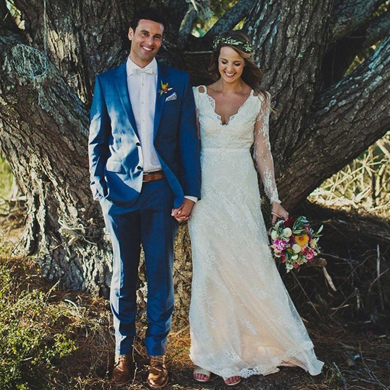 Sheath V-neck Backless Long Sleeves Lace Boho Wedding Dresses PPD83