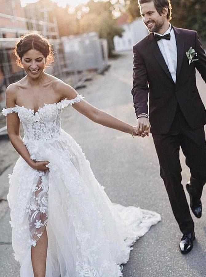 A-Line Off-the-Shoulder Boho Wedding Dress with Appliques PDL58