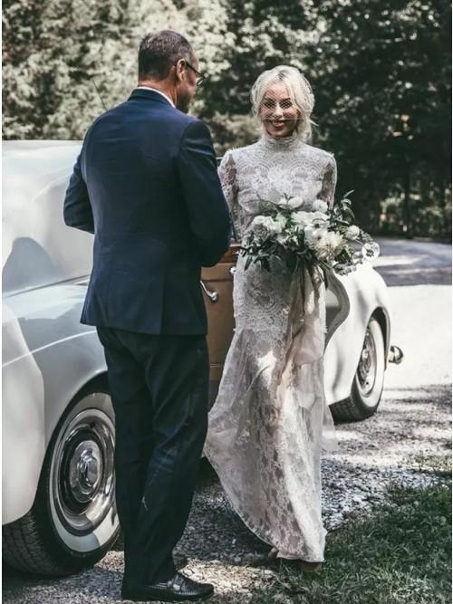 Mermaid High Neck Backless Long Sleeves Boho Lace Wedding Dress PDL48
