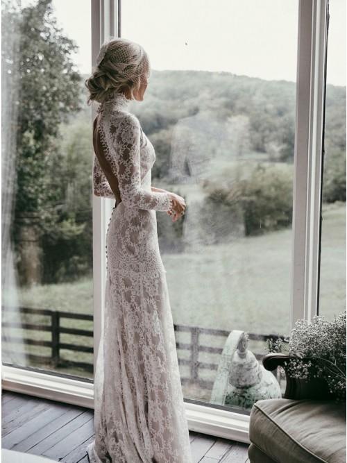 Mermaid High Neck Backless Long Sleeves Boho Lace Wedding Dress PDL48