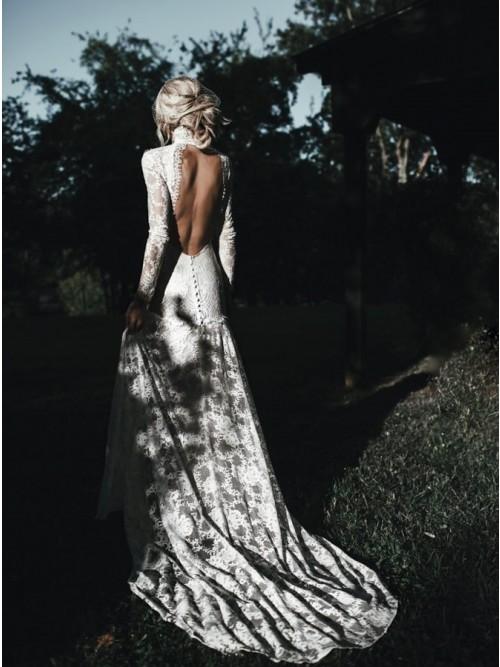 Mermaid High Neck Backless Long Sleeves Boho Lace Wedding Dress PDL48