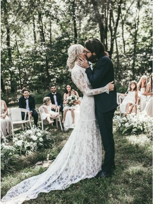 Mermaid High Neck Backless Long Sleeves Boho Lace Wedding Dress PDL48