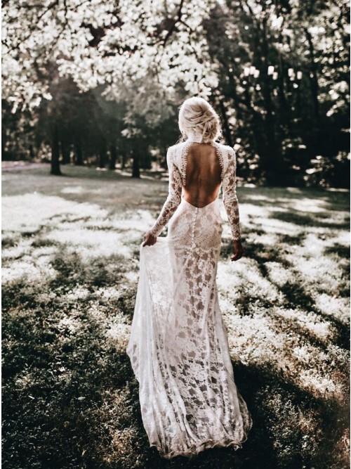 Mermaid High Neck Backless Long Sleeves Boho Lace Wedding Dress PDL48