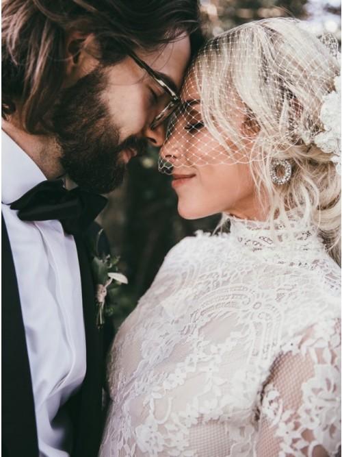 Mermaid High Neck Backless Long Sleeves Boho Lace Wedding Dress PDL48