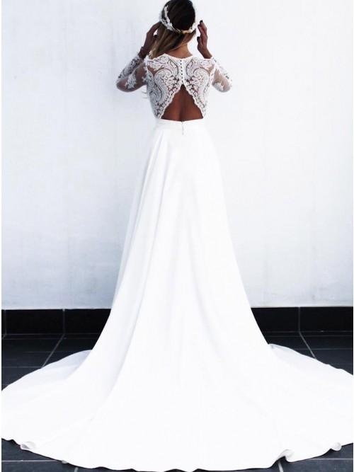 A-Line V-Neck Open Back Long Sleeves Wedding Dress with Lace Appliques PDR82