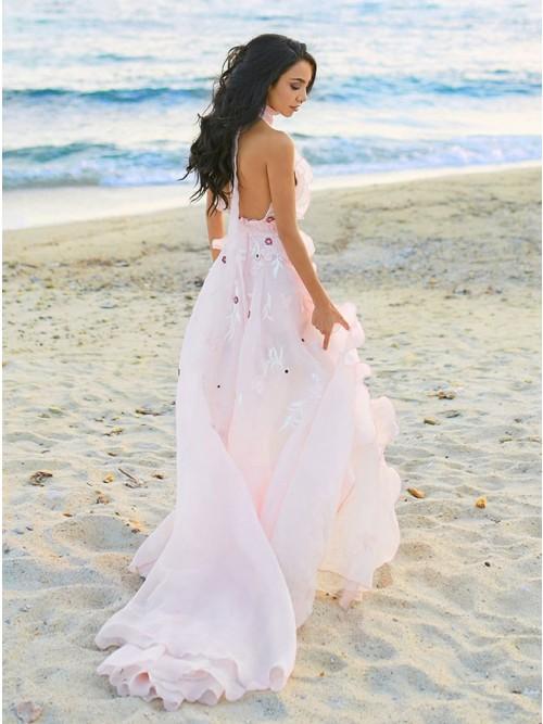 A-Line Halter Backless Light Pink Chiffon Beach Wedding Dress with Appliques Ruffles PDR83