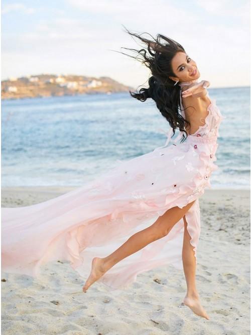 A-Line Halter Backless Light Pink Chiffon Beach Wedding Dress with Appliques Ruffles PDR83