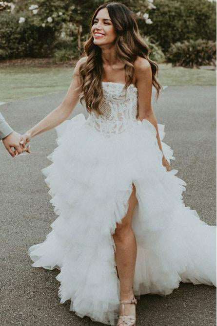 A-Line Strapless Ruffles Beach Wedding Dress with Appliques Split PDS36