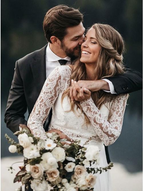 Two Piece Long Sleeves Chiffon Beach Wedding Dress with Lace PDS32