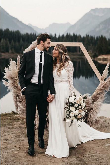 Two Piece Long Sleeves Chiffon Beach Wedding Dress with Lace PDS32