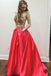 Two Pieces A Line Red Prom Dresses With Pockets, Halter Beaded Evening Dress PDJ60
