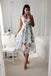 A-Line V-Neck Printed Tea Length Prom Dress with Pleats PDL40
