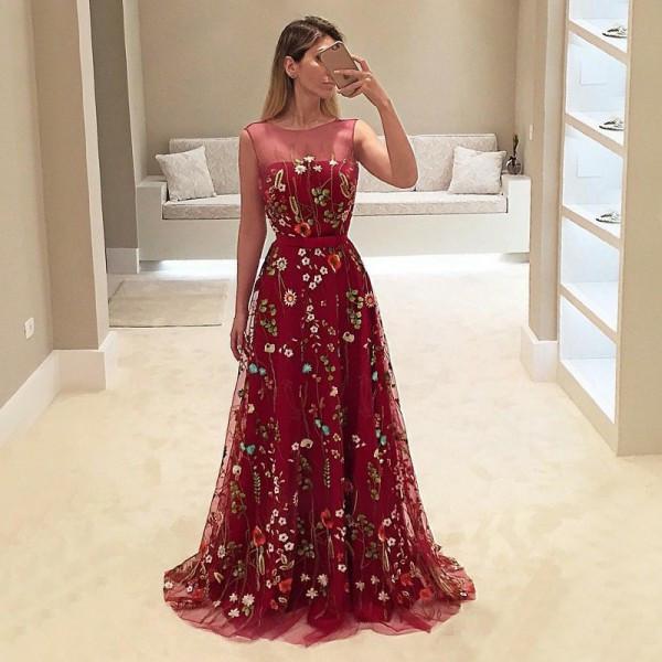 A-Line Bateau Burgundy Floral Lace Long Prom Dresses PDH4
