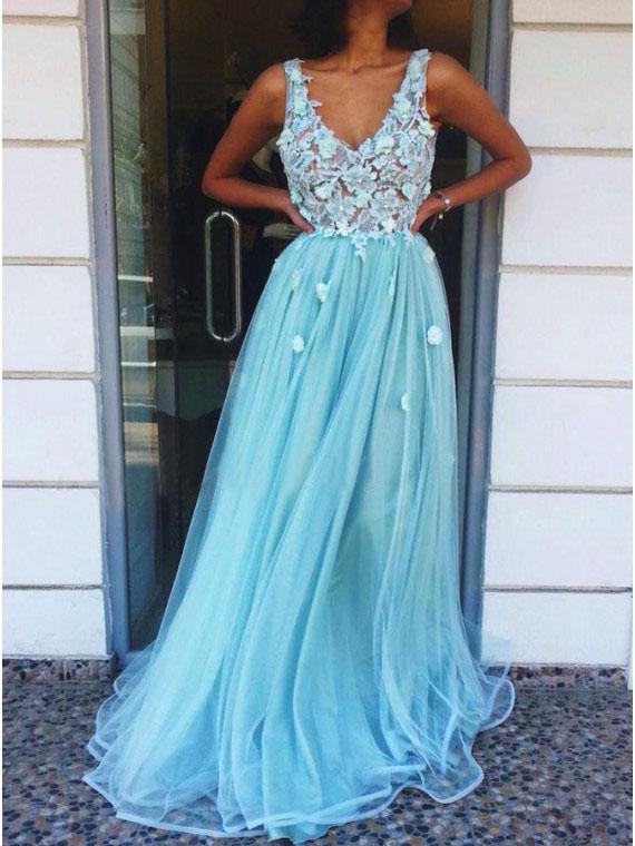 A-Line V-Neck Floor-Length Tulle Long Prom Dress with Appliques PDQ96