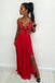 A-Line Spaghetti Straps Red Chiffon Prom Dresses with Lace Split PDL33