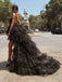 Beautiful A-Line V-Neck High Low Backless Black Tulle Prom Dresses PDG98