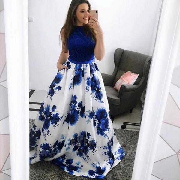 Fashion A-Line Jewel Blue Floral Long Prom Dress with Pockets PDJ30