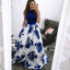 Fashion A-Line Jewel Blue Floral Long Prom Dress with Pockets PDJ30
