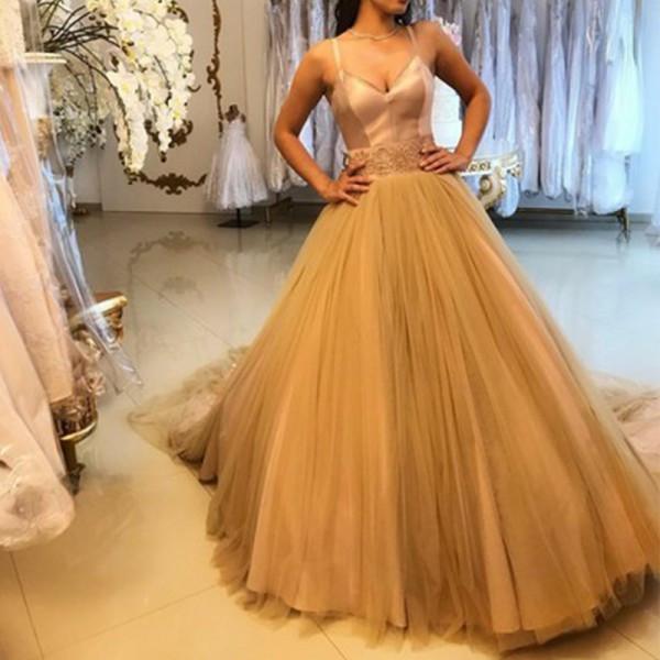 Pretty A-Line Spaghetti Straps Tulle Gold Long Prom Dresses PDH7