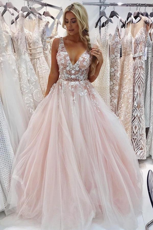 Charming A-Line V-Neck Floor-Length Pink Tulle Prom Dress with Appliques Beading PDI68