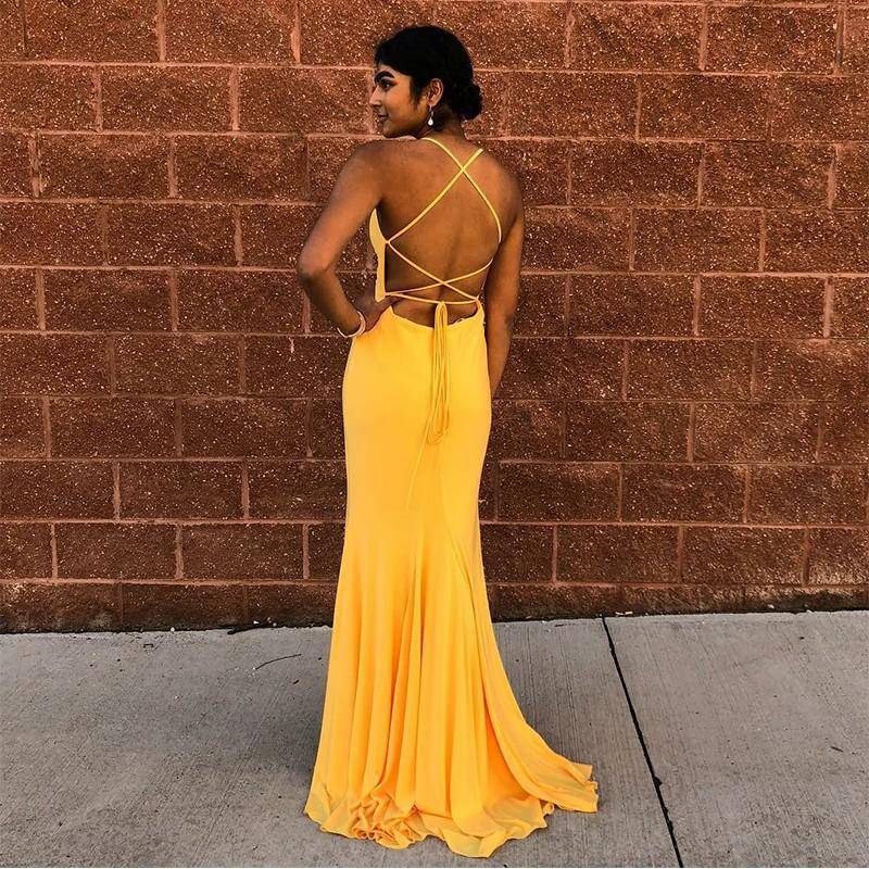Mermaid Spaghetti Straps Floor-Length Yellow Sexy Prom Dress PDQ67