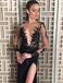 Deep V-Neck Long Sleeve Black Evening Dress,Beading Split Sexy Prom Dress PDH27